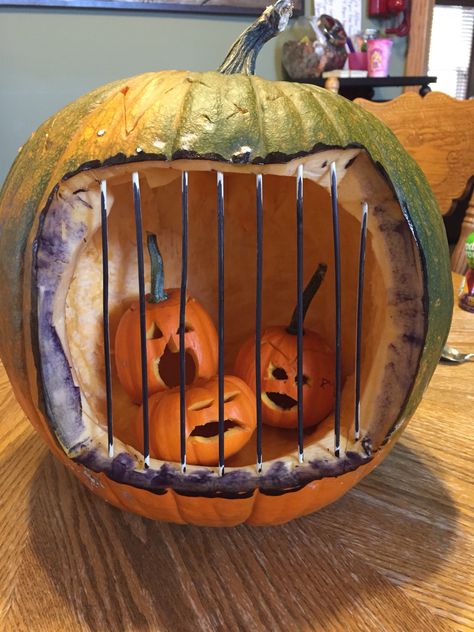 Mess up?  Pumpkin save: jack-o-lantern jail. Funny Jack O Lanterns, Halloween Pumpkin Crafts, Creative Pumpkin Decorating, Cute Pumpkin Carving, Up Pumpkin, Pumpkin Decorating Contest, Amazing Pumpkin Carving, Easy Pumpkin Carving, Scary Pumpkin Carving