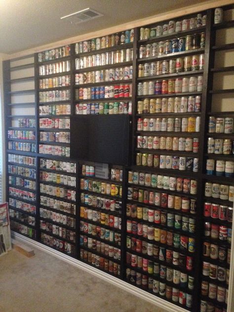 Beer Can Collection Display Ideas, Beer Can Display Ideas, Beer Bottle Display, Speakeasy Decor Bar, Collection Display Shelves, Beer Can Art, Can Collection, Beer Display, Speakeasy Decor