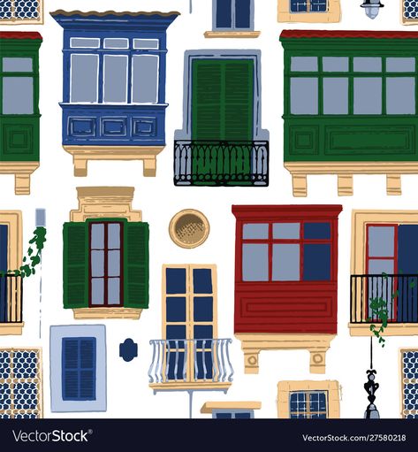 Maltese Balconies, Cat Mural, Window Illustration, Architectural Illustration, Ramadan Poster, Balcony Window, Brick Walls, Tattoo Inspo, Pattern Download