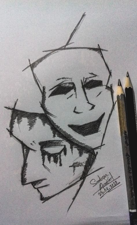 New Sktech.😀💛 Name : Happy or Sad?.😊💛  Follow me on Instagram : www.instagram.com/illustration.srabon/  Like my page : Srabon Arafat  Mask model from : Pinterest.💛  Follow me so as not to miss my new illustrations landscape design, Smartphone wallpaper and also some sketch.😊😍  Stay Home, Stay Safe And Stay Creative.😊 The World Drawing, Simple Emotional Sketches, Mask Sketch, Sketch Wallpaper, Mask Sketch Design, Dark Sketch Feelings Easy, Dark Sketch Feelings Beautiful, Dark Sketch Feelings, Pencil Drawings About Overthinking