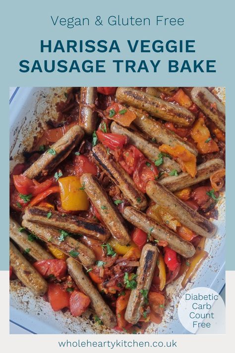 Using only 5 ingredients, this super quick and easy, all-in-one, harissa veggie sausage tray bake recipe is perfect for a midweek dinner. Full of deliciously spicy sticky and sweet flavours it's a tray bake you are sure to keep coming back to. Vegetarian Tray Bake Recipes, Veg Tray, Sausage Tray Bake, Vegetarian Sausage, Light Lunches, Vegetarian Sausages, Veggie Sausage, Quick Bites, Tray Bake Recipes