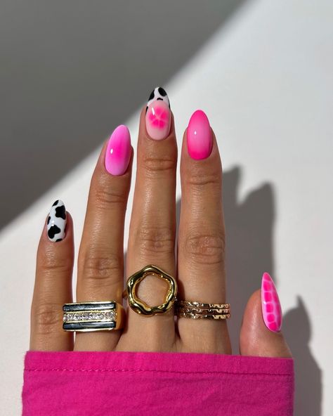 a vibrant pink mix and match with a little bit of cow print 💞🌺🎀🐄✨ rings: • left and right from @luvaj • centre from @suryachamak - code NAILOLOGIST20 for 20% off #nails #nailinspo #nailart #mixandmatch #mixandmatchnails #pinknails #summernails Cute French Tip Nails Acrylic, Nail Inspo Elegant, Simple Nails Cute, Cute Nails Long, Nail Inspo Vacation, Nails Cute Simple, Pink Cute Nails, Short Cute Nails, Fall Nails Cute