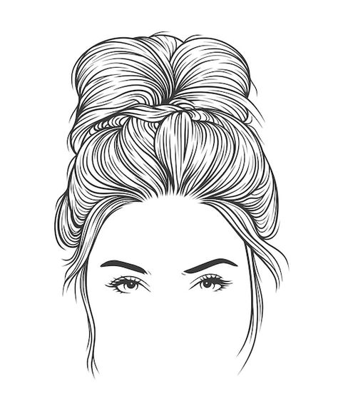 Bun Hairstyle Sketch, Drawing Woman Hair, Hairstyles Illustration Fashion, Women Hair Sketch, Drawing Hair Bun, How To Draw A Messy Bun, Hairstyles Illustration Sketches, Sketches Of Hair, Messy Hair Sketch