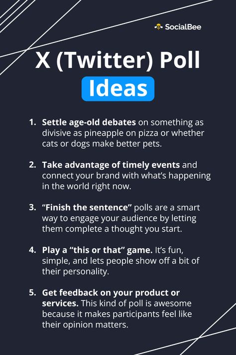 Want to get your audience talking? Interactive polls are a simple yet powerful way to engage them and learn more about their preferences. These are some X (Twitter) poll ideas to help you get started: https://socialbee.com/blog/interactive-polls-twitter/ Twitter Polls, Twitter Games, Social Media Content Calendar, Social Media Analytics, X Twitter, Google Business, Content Calendars, Future Trends, Social Media Engagement