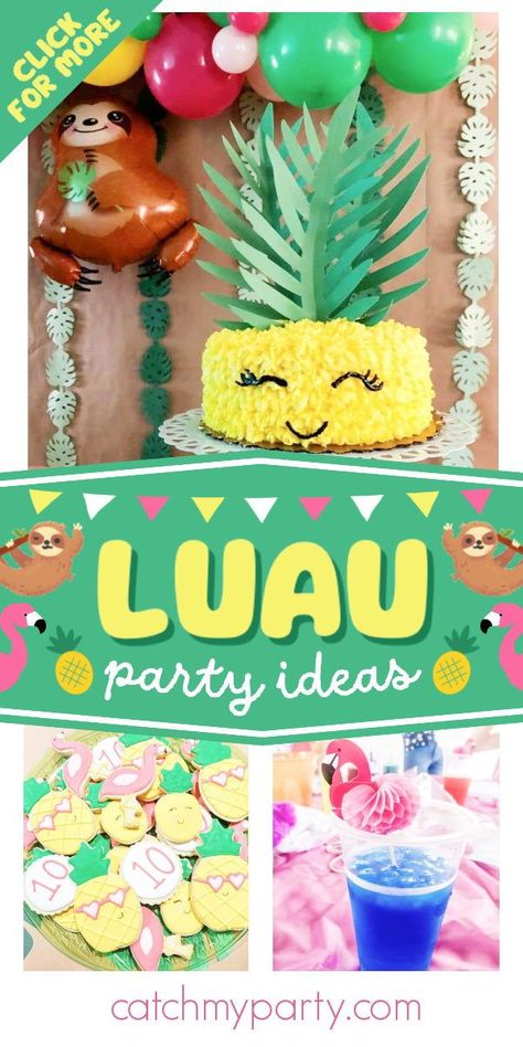 Check out this fun tropical luau birthday party! The pineapple birthday cake is so cute! See more party ideas and share yours at CatchMyParty.com Pineapple Birthday Cake, Pink Flamingo Birthday, Birthday Luau, Pink Flamingo Party, Pineapple Birthday, Flamingo Birthday Party, Girls Birthday Party Themes, Luau Birthday Party, Hawaiian Luau Party