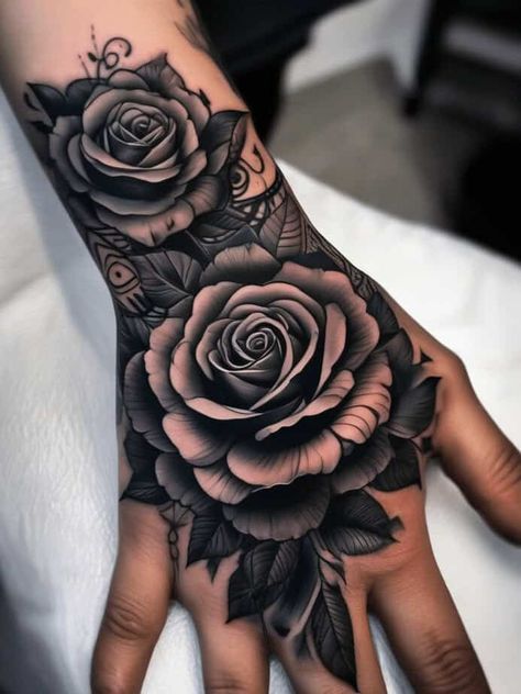 29 Traditional Rose Tattoo Designs for Timeless Personal Expression 8 Hand Tattoo Cover Up, Traditional Rose Tattoo, Herren Hand Tattoos, Cover Up Tattoos For Women, 42 Tattoo, Best Cover Up Tattoos, Full Hand Tattoo, Rose Hand Tattoo, Traditional Rose