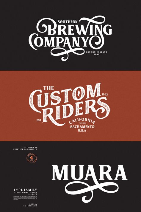 MUARA font - A typeface with a classic look, very suitable to make a design choice for books, magazines, packaging, branding, signage and other creative projects. All-caps characters, with over 330 glyphs, MUARA’s also has alternative characters such as Stylistic Alternates, Stylistic Set, and Swash variant. #font #typography #typeface Creative Typeface Design, Classic Packaging Design, Typography Classic, Branding Signage, Typography Typeface, Vintage Logos, Font Typography, Logos Ideas, Restaurant Logo