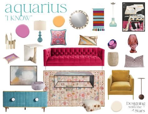 Our vibrant, eclectic living room design for Aquarius. Based on sun sign characteristics. Eclectic Living Room Design, Pisces Astrology, Eclectic Living, Aquarius Pisces, Eclectic Living Room, Sagittarius Capricorn, Scorpio Sagittarius, Libra Scorpio, Sun Sign