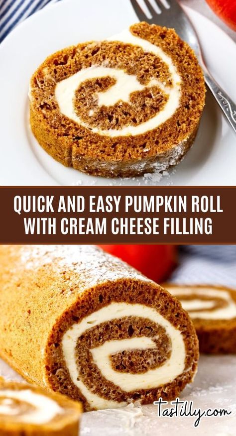 Mess-Free Pumpkin Roll – Get flawless results with this simple pumpkin roll recipe and a delicious cream cheese center. Easy to store or freeze! 🍂🎃 #EasyPumpkinRoll #PumpkinBaking Easy Pumpkin Roll, Roll With Cream Cheese Filling, Pumpkin Cream Cheese Roll, Moist Pumpkin Cake, Pumpkin Roll Recipe Easy, Cheese Roll Recipe, Cream Cheese Roll Up, Pumpkin Cream Cheese Pie, Pumpkin Roll Cake