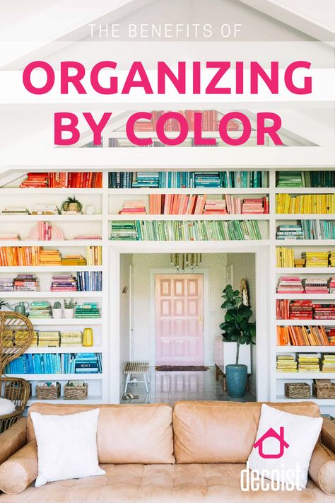 There’s nothing like a rainbow bookshelf to motivate you to get those books and decorative items sorted and displayed! Rainbow Book Organization, Rainbow Bookshelf Organization, Organizing Books By Color, Rainbow Organization, Rainbow Bookshelf, Yarn Display, Elsie Larson, Can Organizers, Rainbow Order