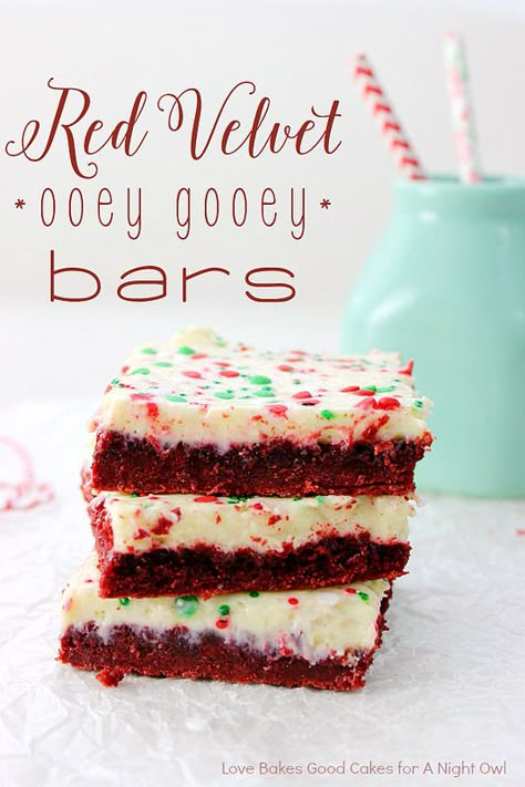 These Red Velvet Ooey Gooey Bars are easy but impressive. They're the perfect holiday treat! Red Velvet Bars, Velvet Recipes, Ooey Gooey Bars, Red Velvet Desserts, Gooey Bars, Red Velvet Recipes, Boxed Cake, Stick Butter, Christmas Cocktail