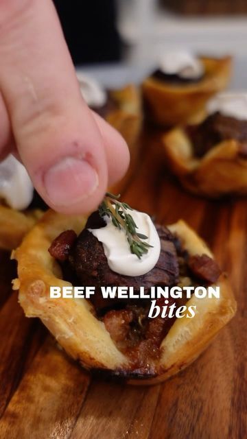 CHEF STUART | Chef/Author on Instagram: "Indulging in these Mini Beef Wellington Bites - the perfect blend of succulent steak, creamy cheese, and earthy mushrooms, all wrapped up in flaky puff pastry. 🥩🧀🍄 Elevate your appetizer game with these savory delights! 😍✨ #BeefWellington #SavoryBites #FoodieDelights #GourmetAppetizers #FoodieHeaven” Beef Wellington Bites Ingredients: • 1 shallot, minced • 6 oz button mushrooms • 2 cloves garlic, minced • 2 tablespoons unsalted butter • 1 teaspoon chopped thyme leaves • Salt and pepper, to taste • 4 oz cubed pancetta • 1 (8 oz) New York Strip steak • Steak seasoning (of your choice) • 1 sheet puff pastry, cut into 9 squares • 4 oz cream cheese • 1 egg, beaten with 1 teaspoon water •. 1/4 cup sour cream •. 1 tablespoon Dijon mustard Mini Beef Wellington Appetizers, Beef Tenderloin Appetizers, Wellington Bites, Beef Wellington Bites, Mini Beef Wellington, New York Strip Steak, Puff Pastry Appetizers, Gourmet Appetizers, New York Strip