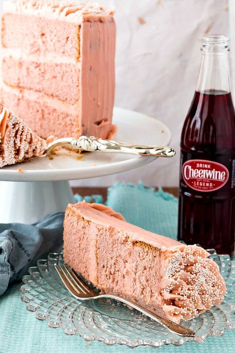 This Cheerwine layer cake is the perfect, pretty-in-pink, cherry-flavored birthday cake. It's also a wonderful way to wish Cheerwine a Happy 100th birthday! Cheerwine Cake Recipe, Cheerwine Cake, Cinnabon Cake, Cheerwine Recipes, Marshmallow Buttercream Frosting, Marshmallow Buttercream, Happy 100th Birthday, Layer Cake Recipes, Tart Baking