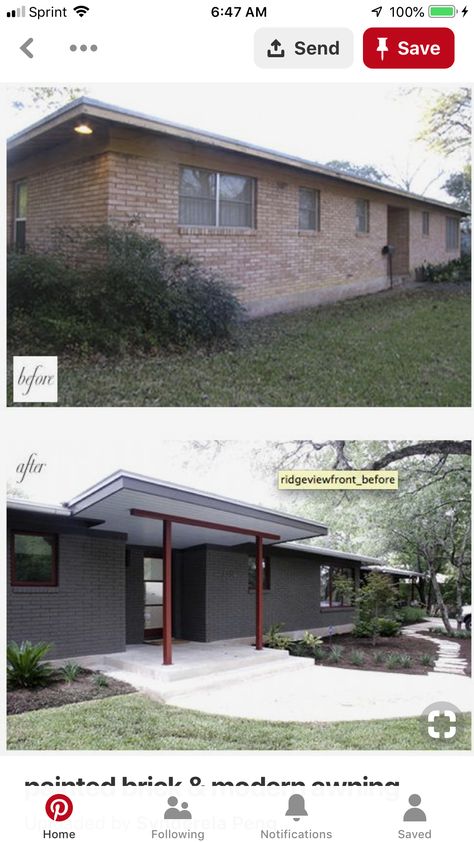 Brick Ranch Remodel, Brick Landscaping, Ranch House Remodel, Mid Century Exterior, House Makeovers, Modern Remodel, Ranch Remodel, Roof Overhang, Mid Century Ranch