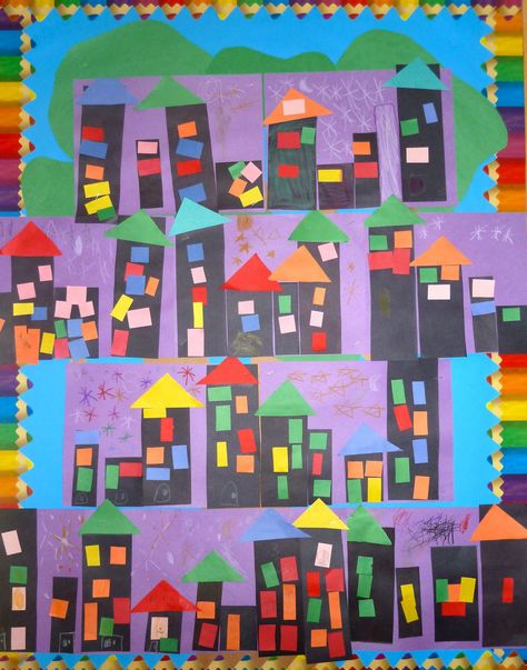 Maths Centres, Kindergarten Art Lessons, School Kindergarten, Collage Art Projects, Creative Curriculum, Cityscape Art, Collaborative Art, Kindergarten Art, Christian School