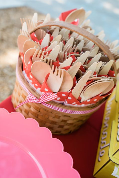 A Berry Sweet First Birthday Party with a Strawberry Picnic Theme. Design & Planning by Events by Pins & Petals - Pins & Petals Cute Cutlery, Utensil Pouch, Sweet First Birthday, Strawberry Picnic, Strawberry Shortcake Birthday, Picnic Birthday Party, Strawberry Shortcake Party, Picnic Theme, 1st Birthday Party Decorations