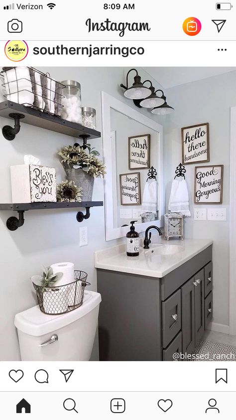 Farmhouse Decor Gray Walls, Hanging Lights In Bathroom Farmhouse, Farmhouse Kleenex Box Cover, Farmhouse Bathroom Gray Walls, Hello Handsome Good Morning Gorgeous Bathroom, Grey Toned Bathroom, Bathroom Decor Gray Walls, Main Level Half Bathroom Ideas, Main Level Bathroom Ideas