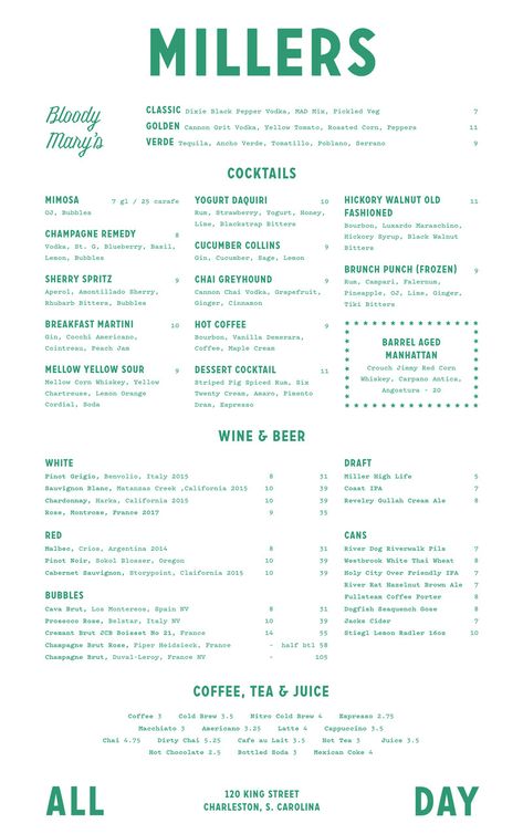 Look Inside Miller’s All Day, Where Brunch is King - Eater Charleston Fun Menu Design, Menu Design Layout, Menu Drink, Menu Design Inspiration, Cafe Menu Design, Bbq Menu, Menu Layout, Custom Coffee Cups, Vintage Menu