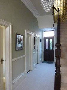 hallway-top part in Farrow & Ball French gray Farrow And Ball Hallway Entrance Halls, Hallway Decorating Colours, Double Fronted House, Farrow And Ball Hallway, Edwardian Hallway, Hallway Wall Colors, Hallway Colour Schemes, Farrow And Ball Living Room, Stairs And Hallway Ideas