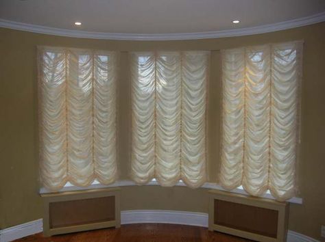 austrian shade #1: Austrian shade on a window give a really formal look Shades Bay Window, Radiator Covers, Custom Window Treatments, Table Pads, Bay Window, Window Treatments, Blinds, Brooklyn, Carpet