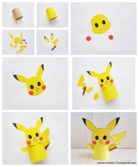 Pokémon Pikachu paper craft DIY (toilet paper roll craft) Pokemon Kids Craft, Easy Pokemon, Diy Pokemon, Paper Bunny, Pikachu Pikachu, Craft Projects For Adults, Pokemon Diy, Pokemon Craft, Pokemon Birthday Party