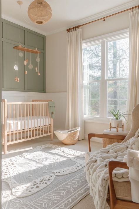 Chic and modern sage green nursery decor with neutral tones and minimalistic design Neutral Nursery Themes, Sage Green Nursery Ideas, Green Nursery Ideas, Gender Neutral Nursery Inspiration, Green Baby Nursery, Green Nursery Decor, Sage Green Nursery, Baby Room Decor Neutral, Nursery Inspiration Neutral