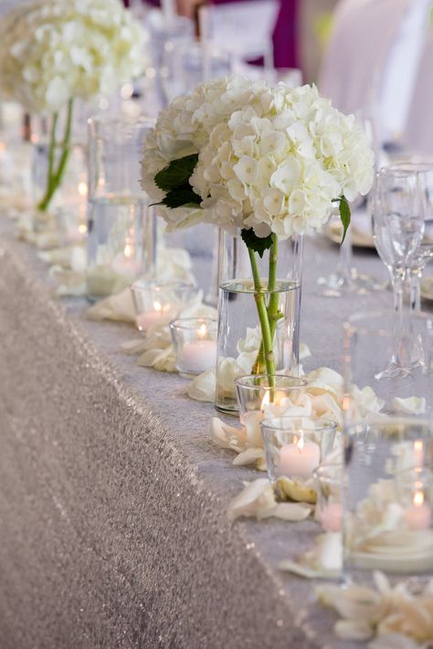 White Table Centres Wedding, White Flowers And Candles Wedding Decor, Petals On Table Wedding, Wedding Reception White Flowers, Hydrangea Wedding Table, Hydrangea Bud Vase Centerpiece, Head Table Wedding Decorations Elegant, Limelight Hydrangea Wedding, White Rose Candle Centerpiece Wedding