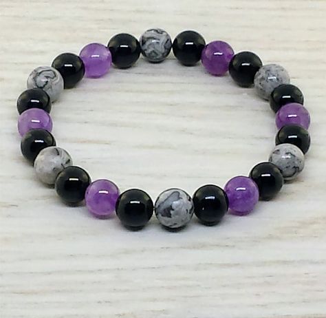 ~ Bracelets by Karen ~ Amethyst, Gray Crazy Lace Agate and  Black Onyx -9 Gemstone Bracelets Ideas, Crystal Bracelets Diy, Lava Bead Bracelet, Lava Bracelet, Beads Bracelet Design, Handmade Jewelry Tutorials, Crystal Healing Bracelets, S Hook, Crystal Beads Bracelet