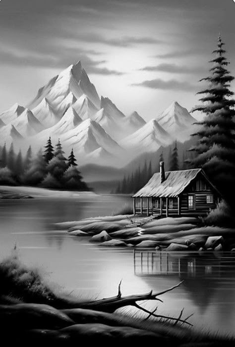 Scenery Pencil Sketch, Scenery Pencil Drawing, Water Tattoos, Sketches Landscape, Waterfall Drawing, Pencil Sketches Landscape, Lakeside House, Landscape Pencil Drawings, Landscape Tattoo