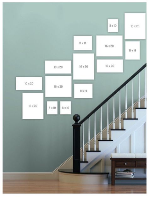 Picture Layout Staircase, Stairway Picture Display, Picture Wall Ideas Up The Stairs, Stair Photo Wall Layout, Stair Side Wall Design, Frames On Stairs Wall, Picture Frames Up The Stairs, Pictures Along Stair Wall, Stair Case Picture Wall Ideas