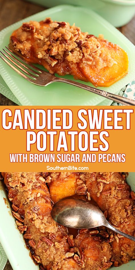 Fries Ideas, Sweet Potatoes With Pecans, Sweet Potatoes With Brown Sugar, Holiday Cooking Christmas, Candied Sweet Potato Recipes, Pecan Crumble, Glazed Sweet Potatoes, Sweet Potato Pecan, Yams Recipe