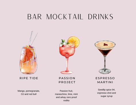 A specialized Mocktails menu template for weddings, graduation, bridal showers, baby showers, birthdays, etc. Mocktails Menu, Pink Mocktail, Party Menu Template, Iced Drinks Recipes, Bartender Drinks, Recipe Drawing, Drink Recipes Nonalcoholic, Refreshing Drinks Recipes, Delicious Drink Recipes