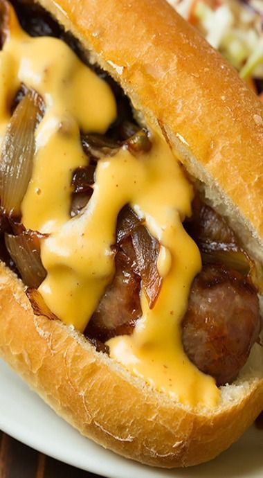 Yummy Burgers, Brat Sausage, Bologna Recipes, Brats Recipes, Bratwurst Recipes, Cheddar Cheese Sauce, Hot Dog Recipes, Burgers Sandwiches, Summer Grilling