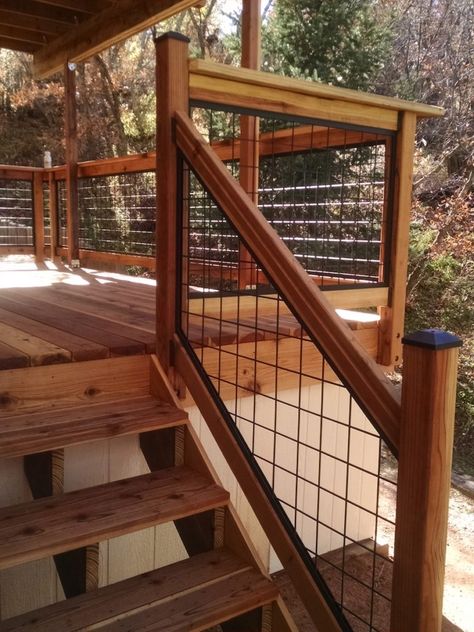 Wild Hog Railing, Custom Deck Railing, Wire Deck Railing, Wood Deck Railing, Porch Railing Designs, Metal Deck Railing, Cabin Deck, Front Porch Railings, Deck Remodel