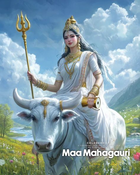 Day 8 of Navratri 🌸 Today, we worship Maa Mahagauri – the embodiment of purity, peace, and compassion. Her radiant form symbolizes the cleansing of our hearts and souls from all impurities. May her divine blessings bring peace, prosperity, and the strength to pursue righteousness. 🙏 #Navratri #Day8 #MaaMahagauri #GoddessOfPurity #NavDurga #DivineGrace #Shakti #InnerPeace #Navratri2024 #PurityAndProsperity #FestiveVibes Maa Mahagauri, Maa Shakti, Downtown Photography, Divine Blessings, Lakshmi Images, Divine Grace, Durga Maa, Durga Goddess, God Art