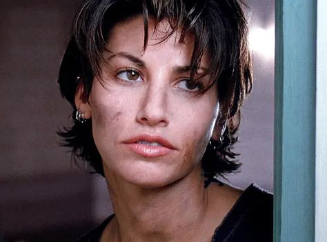 Gina Gershon Short Hair, Gina Gershon Hair, Corky Bound 1996 Haircut, Corky Bound Haircut, Corky Bound 1996, Bound 1996, 80s Short Hair, Passport Picture, Lana Wachowski