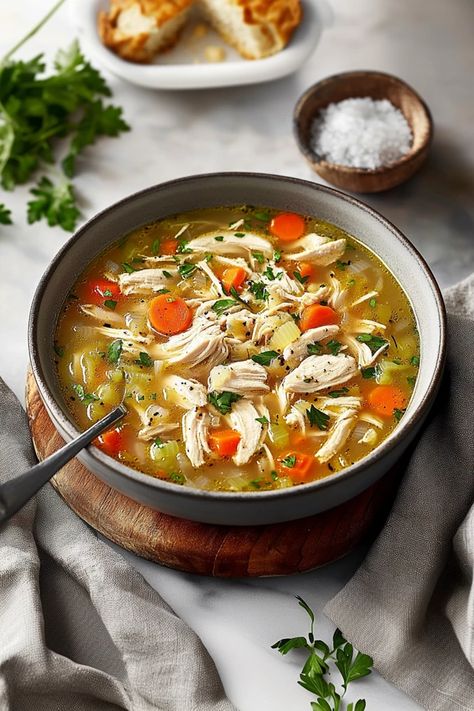 Warm your soul with this classic chicken soup recipe! Packed with tender chicken, fresh vegetables, and savory broth, it's the ultimate comfort food for chilly days or when you're feeling under the weather. This homemade chicken soup is a timeless dish everyone will love. Ready to cook? Click for the recipe! #chickensoup #chickensouprecipe #comfortfood #souprecipes #easyrecipes #homemadesoup #fallrecipes #heartymeals #healthyrecipes Homemade Chicken Soup With Whole Chicken, Classic Chicken Soup, Whole Chicken Soup, Healing Chicken Soup, Chicken Soup Recipes Homemade, Chicken Broth Recipes, Herb Soup, Keto Soups, Homemade Chicken Soup