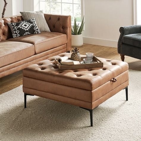 Geoffrev Lift Top Shelved Storage Button-Tufted Cocktail Ottoman by HULALA HOME - Bed Bath & Beyond - 39716543 Tufted Seat Cushion, Occasional Seating, Square Ottoman, Room Color Schemes, Cocktail Ottoman, Ottoman Coffee Table, Ottoman In Living Room, Upholstered Storage, Upholstered Ottoman