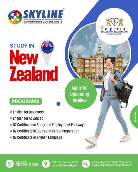 Studying in New Zealand offers a unique opportunity for international students to experience high-quality education in a stunning natural environment. Hurry Up Apply For The Upcoming Intake ✅To get in touch with us contact: #SkylineImmigrationConsultants Contact Us 98723-11555 SCO 43, Sector 42-C Level II, Chandigarh #studyinusa #usa #usavisa #usapr #usaimmigration #bestimmigraionconsultant #Bestimmigrationcompany #bestimmigrationservices #newzealand #newzealandstudyvisa #newzealandstudentvi Scholarship Poster, English For Beginners, Study In New Zealand, Quality Education, Creative Ads, International Students, Chandigarh, Natural Environment, English Language