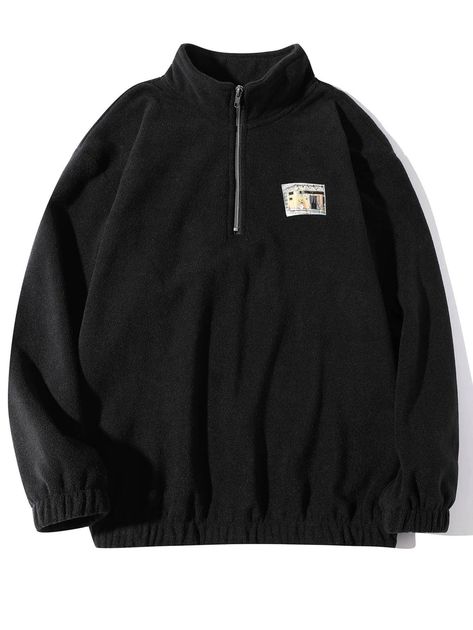 Men Half Zip Patched Teddy Sweatshirt | SHEIN Mens Quarter Zip, Waffle Shirt, Retro Sweatshirts, Sweet Shirt, Collared Sweatshirt, Sweatshirt Outfit, Black Sweatshirt, Polar Fleece, Zip Sweatshirt