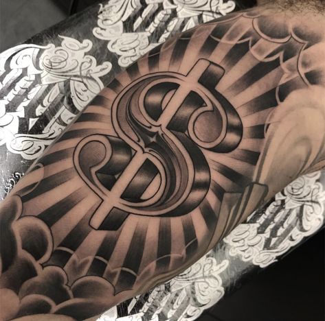 Money Sign Tattoo, Dollar Sign Tattoo, Self Made Tattoo, Dollar Tattoo, Sign Tattoo, Gangsta Tattoos, Money Tattoo, Chicano Style Tattoo, Men Tattoos