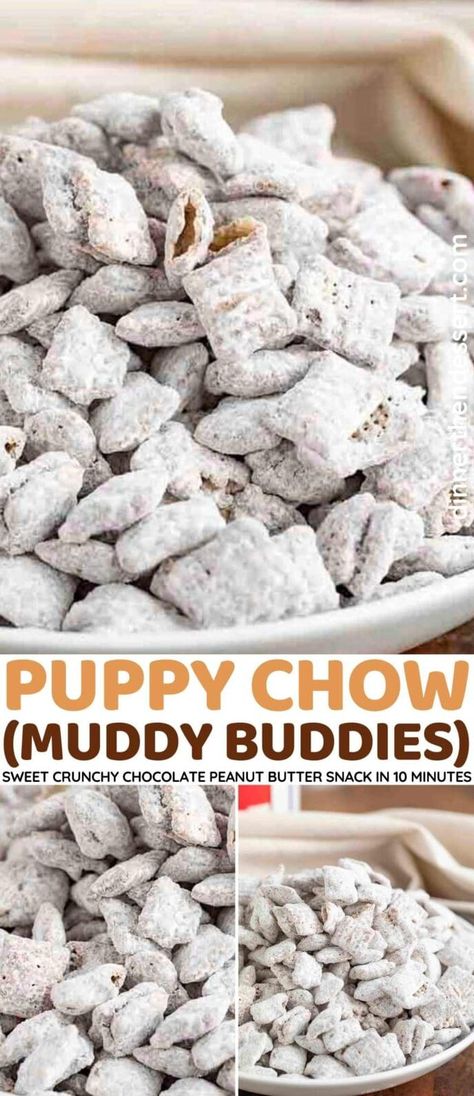 Puppy Chow (Muddy Buddies) Collage Party Snacks Christmas, Puppy Chow Crispix Recipe, Christmas Puppy Chow, Best Puppy Chow Recipe, Easy Puppy Chow, Puppy Chow Snack, Puppy Chow Cookies, Chex Mix Recipes Original, Puppy Chow Christmas