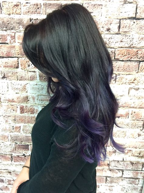 Purple Balayage ... #purplebalayage #balayage #purplehair Black Purple Balayage, Purple Black Hair Dye, Purple Underlights, Colored Balayage, Balayage Purple, Purple Black Hair, Purple Balayage, Black Hair Balayage, Black Hair Dye