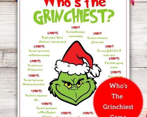 Who's the Grinchiest Grinch Fun Printable Grinch Party Game for Kids & Adults Digital Download - Etsy Who Is The Grinchiest Game, Grinch Gag Gifts, Grinch Party Games Adults, Grinch Games For Adults, Grinch Games For Kids, Grinch Party Games, Grinch Games, Sock Party, Grinch Night