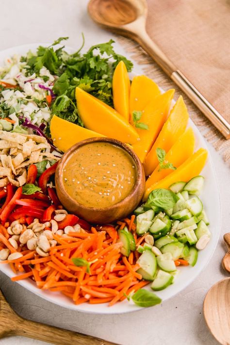 Thai Mango Crunch Salad with Spicy Peanut Dressing Spicy Peanut Dressing, Thai Crunch Salad, Salad With Mango, Thai Mango, Samosa Chaat, Crunch Salad, Chili Mango, Peanut Dressing, Small Food Processor