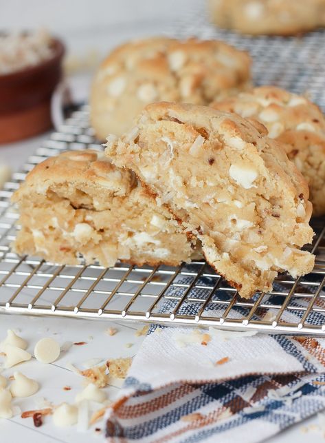 White Chocolate Toasted Coconut Cookies - Baking with Blondie White Chocolate Coconut Cookies, Baking White Chocolate, Baking With Blondie Cookies, Blondie Cookies, Baking With Blondie, Large Stuffed Cookies, Coconut Cream Cookies, Thick Stuffed Cookies, Stuffed Gourmet Cookies