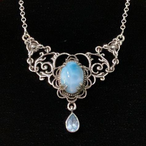 Larimar Aquamarine Genuine Gemstone Sterling Art Nouveau Style Necklace New! It's Like Looking Into The Ocean! Beautiful Shades Of Blue Set Into An Elegant Setting, Which Has Swirls And Swoops And Vines, Reminiscent Of The Antique Art Nouveau Style Marked 925 On Clasp And On Center Focal Piece Measures 20" Of Wearable Length Focal Area Is 2" Across And 1.5" Height This Would Make A Lovely Gift For Someone Who Loves The Ocean, The Sea, Lakes, Rivers, Streams, Bathtubs (Lol), A Mermaid, Perhaps? Or Someone With A March Birthstone, Or Just Loves The Color Blue! Gift Wrapping Available, Message Me At Purchase Bin623? Water Themed Jewelry, Blue Gem Jewelry, Blue Gift Wrapping, Mermaid Kingdom, Character Jewelry, Art Nouveau Fashion, Rivers Streams, Water Jewelry, Ocean Inspired Jewelry