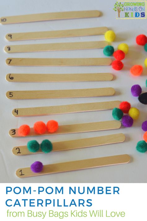 Pom-pom number caterpillars busy bag, activities kids will love!  via @growhandsonkids Busy Bag Activities, Love Numbers, Alphabet Kindergarten, Numbers Preschool, Counting Activities, Math Activities Preschool, Busy Bags, Toddler Learning Activities, Learning Numbers