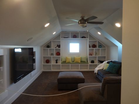 Bonus Room shelving idea Man Living Room Ideas, Attic Bonus Room, Attic Game Room, Bonus Room Decorating, Man Living Room, Bonus Room Design, Attic Room Ideas, Bonus Room Ideas, Room Above Garage