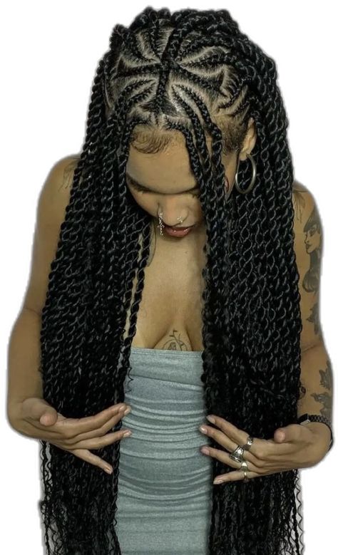 Braid Ideas For Black Women Cornrows, Unique Braids Black Women, Goddess Braids With Design, Passion Twist With Cornrows, Hairstyles With Brazilian Wool Braids, Cornrows To Twists, Cornrow Passion Twist, Braided Hairstyles For Round Faces Black Women, Brazilian Braids Hairstyles